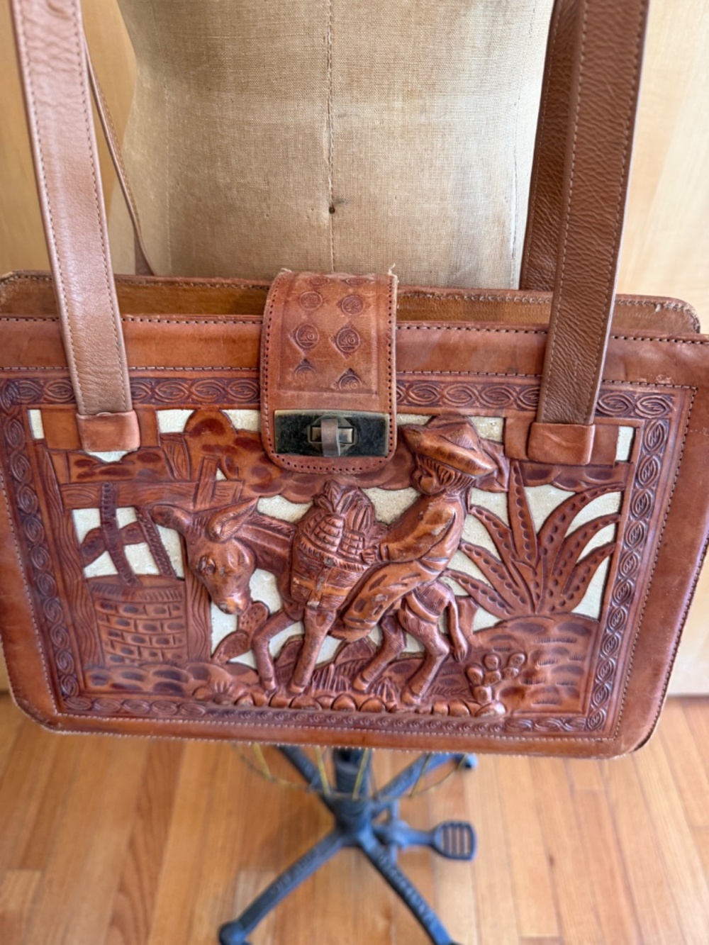 Vintage Tooled Leather Handbag - "Man Traveling with Donkey"
